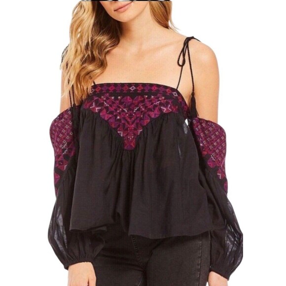 Free People Black Purple Open Shoulder Long Sleeve Top/Blouse size M - Picture 12 of 12